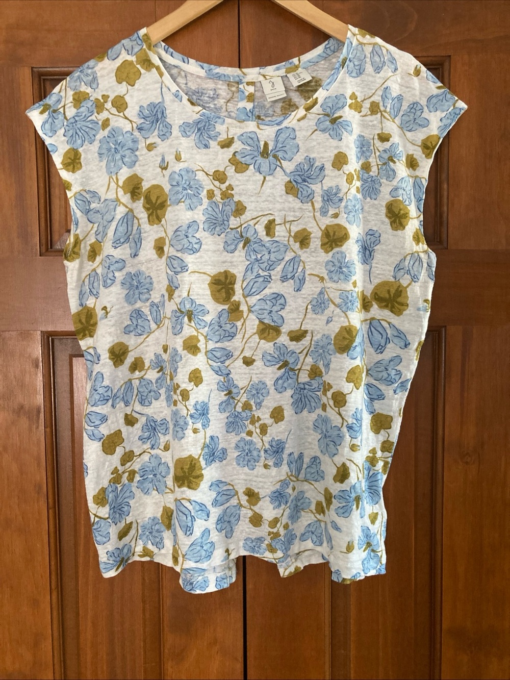 Joie 100% linen white blue floral Cap-Sleeve Top women’s size XL
